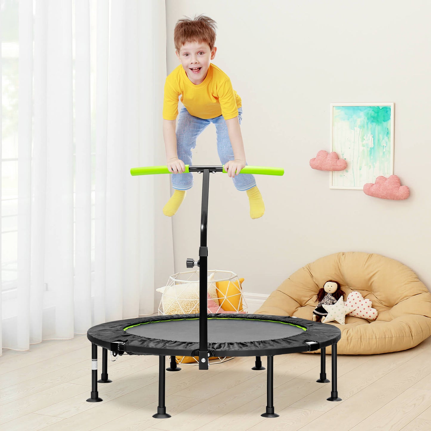 110 CM Mini Trampoline Bounce with Height Adjustable Handrail-Green