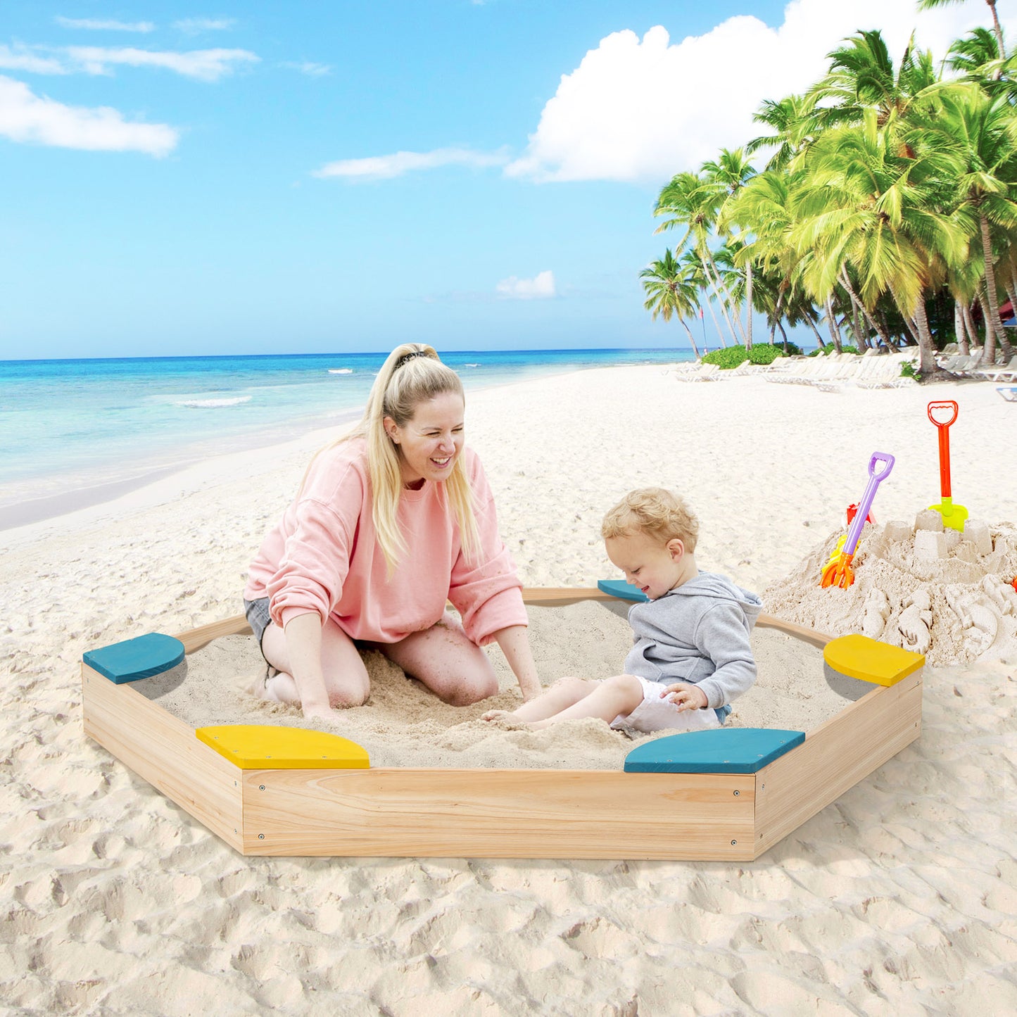 Wooden Sandbox with 6 Built-in Fan-shaped Seats and Bottomless Structure