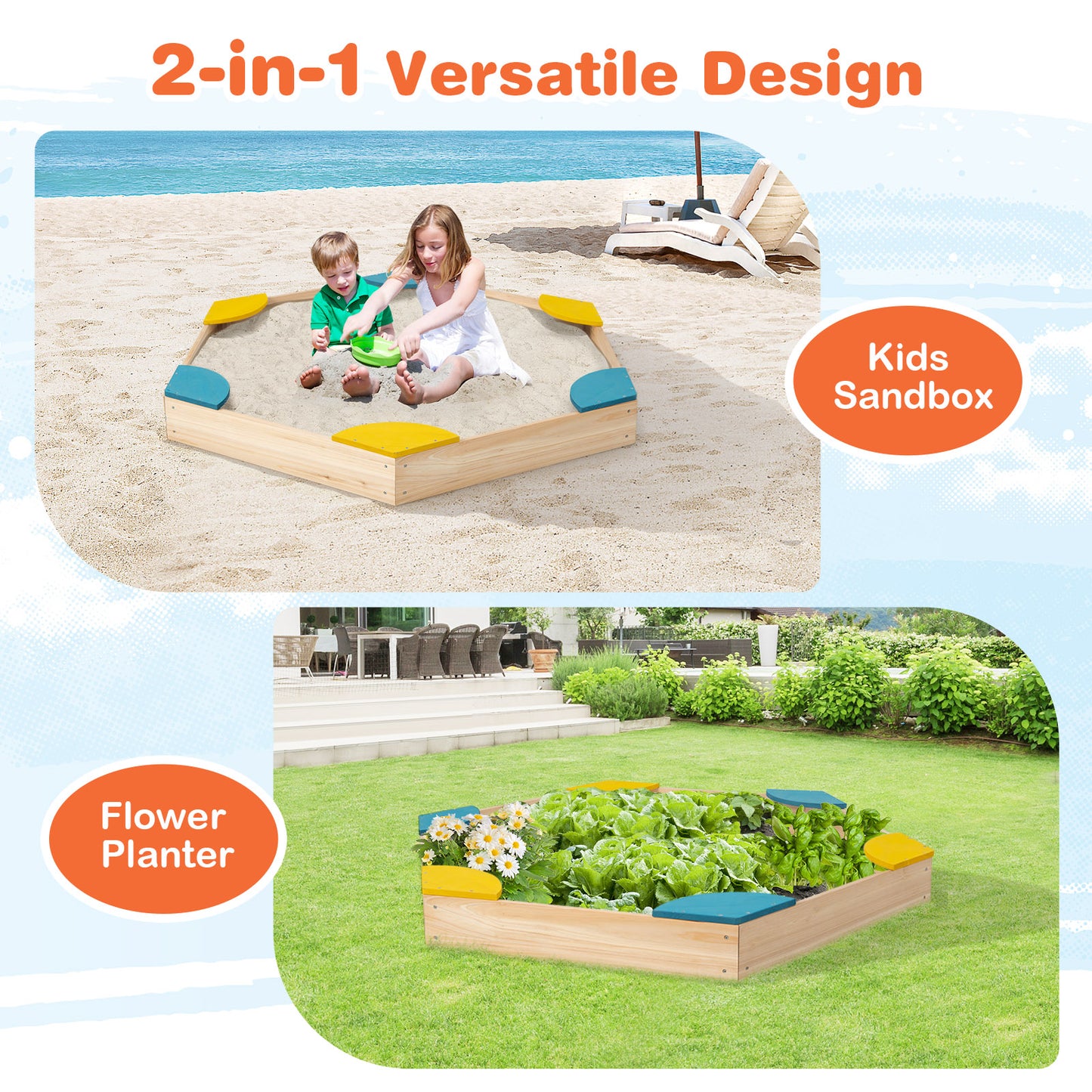 Wooden Sandbox with 6 Built-in Fan-shaped Seats and Bottomless Structure