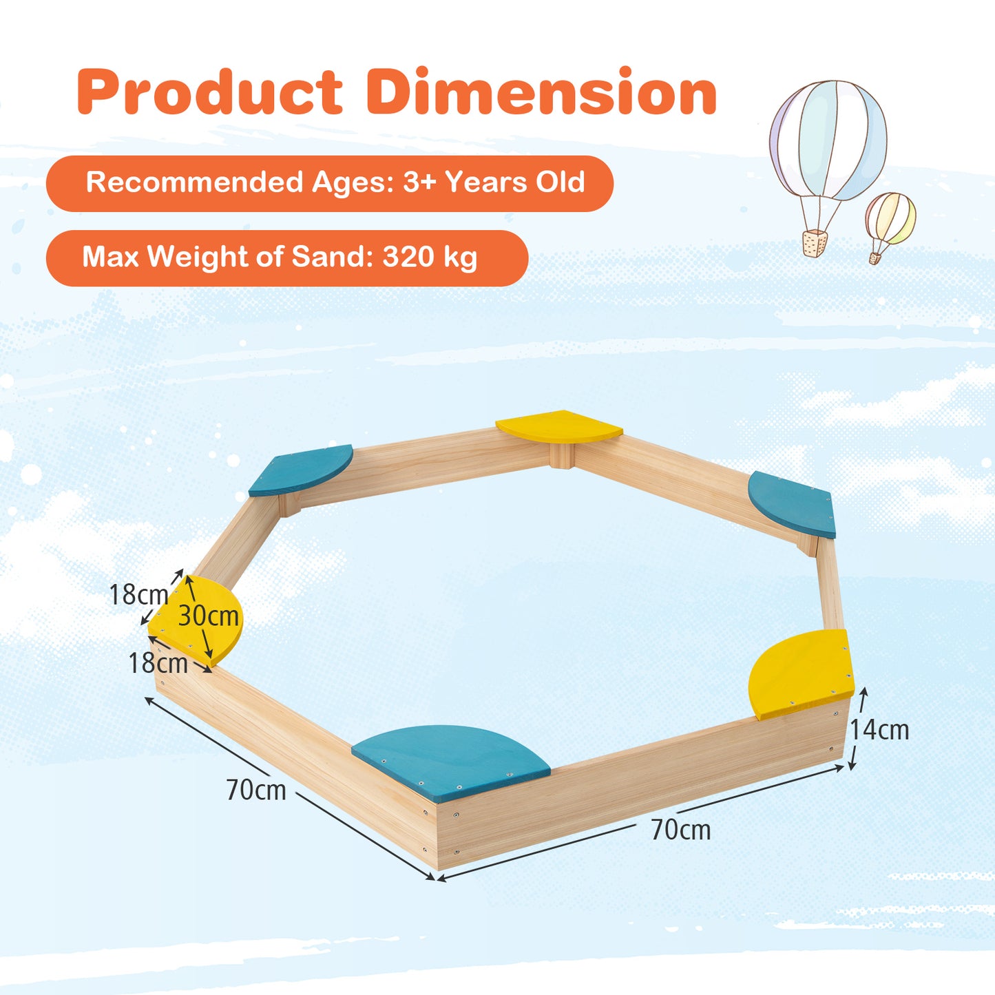 Wooden Sandbox with 6 Built-in Fan-shaped Seats and Bottomless Structure