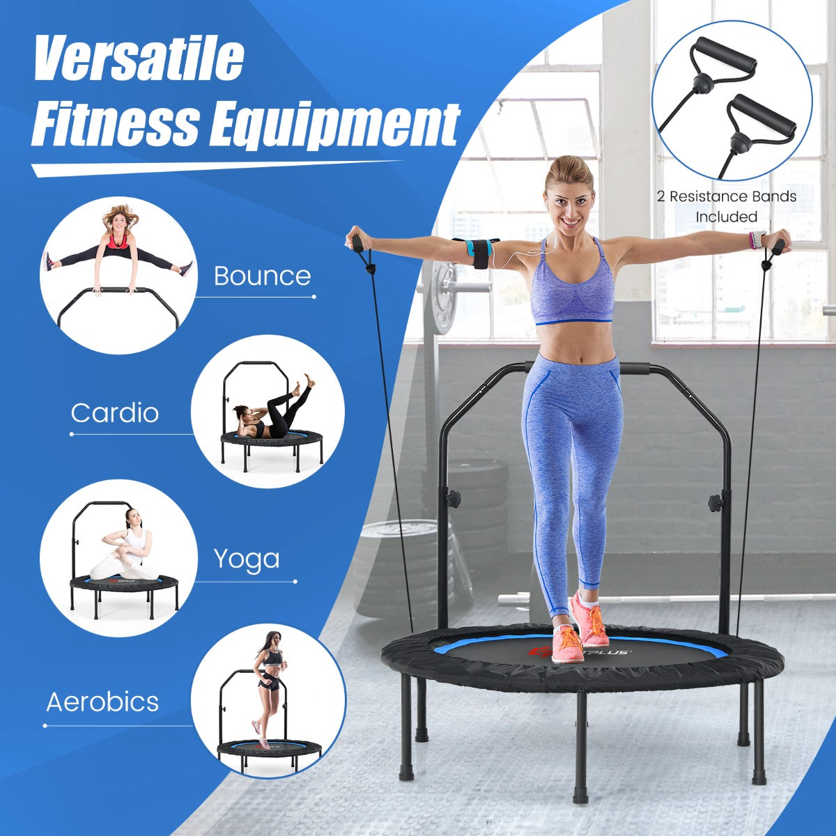 101 cm Mini Trampoline with 2 Resistance Bands and Adjustable Foam Handle-Blue